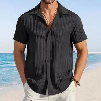 Летняя мужская рубашка с отложным воротником, однобортный кардиган с нагрудным карманом, короткие рукава, облегающий крой, средняя длина, повседневная одежда, офисный деловой топ M