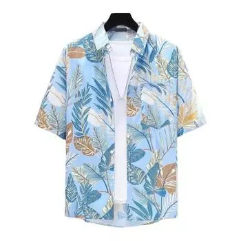 Летняя мужская рубашка с принтом листьев и короткими рукавами в тропическом стиле, Гавайи, свободный однобортный отложной воротник, мягкий дышащий пляжный топ средней длины для отпуска 3XL синий