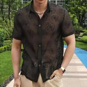 Летняя мужская рубашка с прозрачной сеткой и узором розы с отложным воротником и короткими рукавами, однобортный кардиган средней длины, пляжный топ для отпуска L чёрный