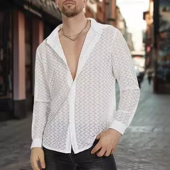 Летняя мужская рубашка с прозрачной сеткой и кружевным отложным воротником с длинными рукавами, однобортный кардиган средней длины, пляжный топ для отпуска S чёрный