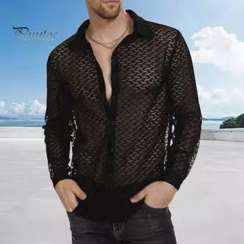 Летняя мужская рубашка с прозрачной сеткой и кружевным отложным воротником с длинными рукавами, однобортный кардиган средней длины, пляжный топ для отпуска XL чёрный