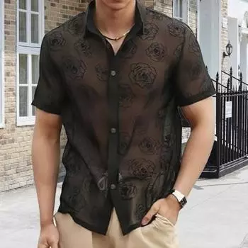 Летняя мужская рубашка с прозрачной сеткой и узором розы с отложным воротником и короткими рукавами, однобортный кардиган средней длины, пляжный топ для отпуска S чёрный
