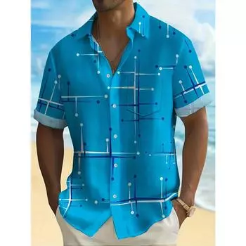 Летняя мужская рубашка с ретро-геометрическим принтом и карманом на пуговицах S