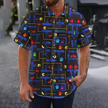 летняя мужская рубашка с рисунком в виде мультфильма, повседневная рубашка с коротким рукавом и лацканами, модные топы для мужчин, свободная одежда S