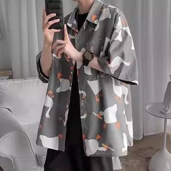 Летняя мужская рубашка с рисунком животных из мультфильмов, рукава до локтя, свободная однобортная рубашка с отложным воротником, быстросохнущая, мягкая, дышащая, средней длины, для отпуска XL серый