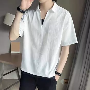 Летняя мужская рубашка с V-образным вырезом и лацканами, однотонная, из искусственного шелка, с короткими рукавами, свободный пуловер, эластичная повседневная футболка Spo L белый