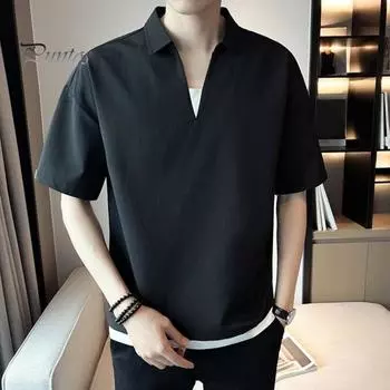 Летняя мужская рубашка с V-образным вырезом и лацканами, однотонная, из искусственного шелка, с короткими рукавами, свободный свитер, эластичная повседневная футболка, спортивный топ XL коричневый