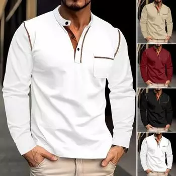 Летняя мужская рубашка с воротником-стойкой, длинными рукавами, нагрудным карманом, подходящим по цвету, для отдыха на пляже XXL чёрный