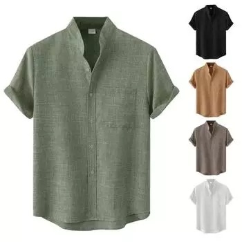 Летняя мужская рубашка с воротником-стойкой, однобортный нагрудный карман, свободный кардиган с короткими рукавами, мягкая дышащая повседневная рубашка средней длины для делового отдыха M чёрный