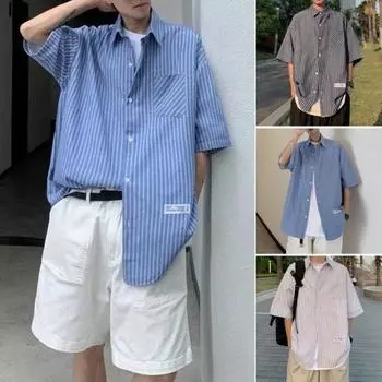 Летняя мужская рубашка с застежкой на пуговицы и воротником-лацканами, полосатый кардиган с короткими рукавами, свободный кардиган средней длины, повседневный, повседневный L белый