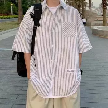 Летняя мужская рубашка с застежкой на пуговицы и воротником-лацканами, полосатый кардиган с короткими рукавами, свободный кардиган средней длины, повседневный, повседневный L белый
