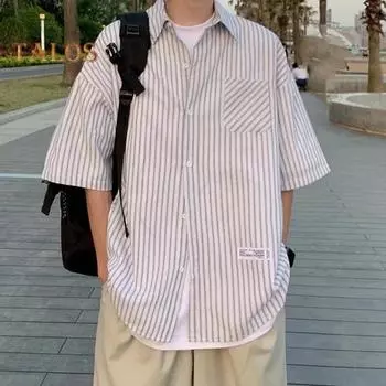 Летняя мужская рубашка с застежкой на пуговицы и воротником-лацканами в полоску, кардиган с короткими рукавами, свободный кардиган средней длины, повседневная одежда для офиса и бизнеса, топ L белый