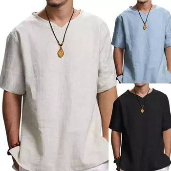 Летняя мужская рубашка свободного покроя из хлопка и льна, однотонная, без воротника, с коротким рукавом S белый