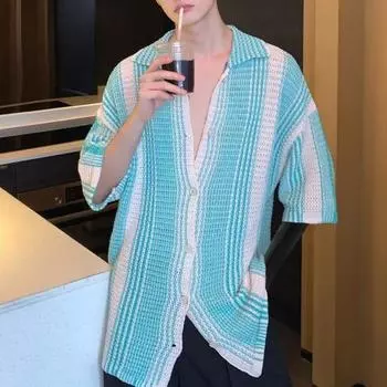 Летняя мужская рубашка трикотажные лацканы эластичного цвета в японском стиле однобортные с короткими рукавами в стиле ретро повседневный пляжный топ для отпуска 2XL синий