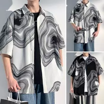 Летняя мужская рубашка в стиле ретро с абстрактным принтом и половиной рукавов в стиле хип-хоп, свободный контрастный цвет, однобортный отложной воротник, быстросохнущий мягкий дышащий топ M белый