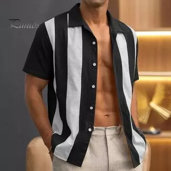 Летняя мужская рубашка в винтажном стиле с контрастным полосатым принтом, отложным воротником, однобортная, свободная, с короткими рукавами, нагрудным карманом, повседневный топ M чёрный