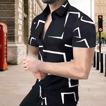 Летняя мужская рубашка Yousheng с геометрическим принтом, однобортная, с короткими рукавами, приталенная, с отложным воротником, средней длины, контрастного цвета S белый