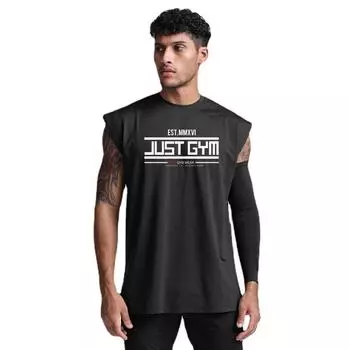 Летняя мужская сетчатая гимнастика Спорт Быстросохнущая Оверсайз О-образный вырез с принтом Широкие плечи Бодибилдинг Фитнес Майка M чёрный