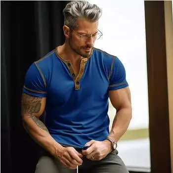 Летняя мужская спортивная футболка с открытым воротом, цветными блоками, короткими рукавами и микроэластичным облегающим верхом для мужчин Футболки мужские S синий