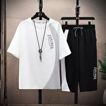Летняя мужская спортивная одежда из хлопка, мужские повседневные комплекты, мужские модные футболки и шорты, комплект из двух предметов S белый