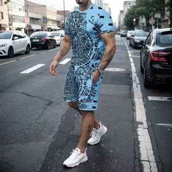 Летняя мужская спортивная одежда, комплект из 2 предметов с круглым вырезом, шорты с 3D короткими рукавами, мужской модный комплект для бега и отдыха, мужская одежда XXXL