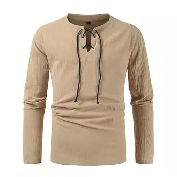 Летняя мужская свободная рубашка с V-образным вырезом и длинными рукавами, с завязками, однотонная мужская рубашка из хлопка и льна с длинными рукавами M хаки
