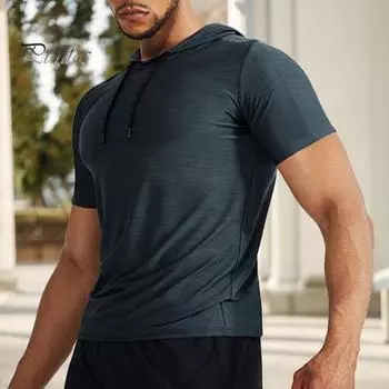 Летняя мужская толстовка с капюшоном на шнурке, приталенная, эластичная, однотонная, с короткими рукавами, пуловер средней длины, повседневная спортивная повседневная одежда, топ L черный серый