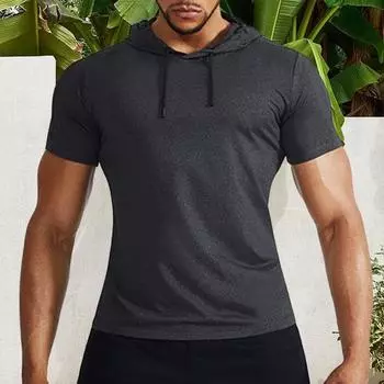 Летняя мужская толстовка с капюшоном на шнурке, приталенная, эластичная, однотонная, с короткими рукавами, пуловер средней длины, повседневная спортивная повседневная одежда, топ XL