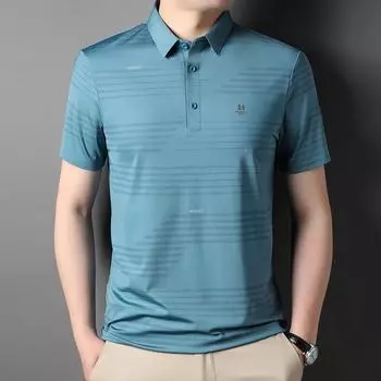 Летняя мужская тонкая футболка среднего возраста, новая полосатая рубашка с лацканами и коротким рукавом, модная корейская повседневная рубашка поло M