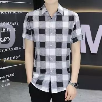 Летняя мужская тонкая приталенная рубашка с коротким рукавом и принтом XXXL чёрный