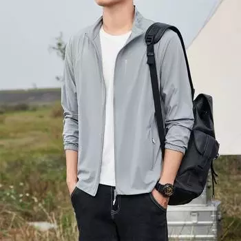 Летняя мужская тонкая стоячая солнцезащитная одежда с воротником-стойкой, большой размер, куртка для рыбалки, одежда из шелка для кожи, защита от ультрафиолета XXL серый