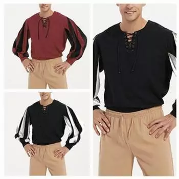 Летняя мужская винтажная свободная рубашка рыцаря со шнуровкой и длинными рукавами, средневековая драматическая рубашка для выступлений M красный