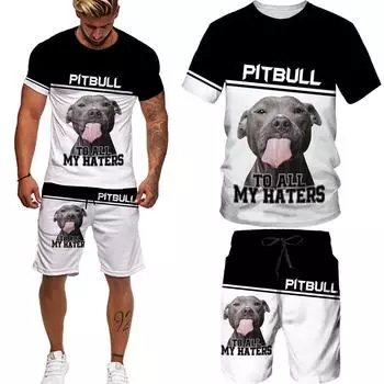 Летняя мужская забавная футболка с 3D принтом собаки Pitbull Rottweiler, шорты/костюмы, мужской спортивный костюм, футболки с рисунком, короткие штаны Outw XXXL