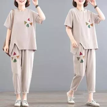 Летняя нерегулярная повседневная свободная женская одежда среднего возраста из двух предметов 6XL бежевый