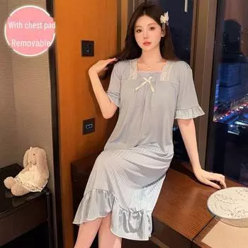 Летняя ночная рубашка больших размеров с короткими рукавами и нагрудными подушечками — легкая, средней длины, до 300 катти L