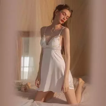 Летняя ночная рубашка для женщин с атласным принтом, глубоким V-образным вырезом на спине, вышитыми ромашками, с мягкими бретелями для женщин, ночная рубашка M