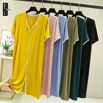 Летняя ночная рубашка из модала для женщин - с коротким рукавом, свободная, большого размера, прикрывающая живот, стильная длинная юбка L