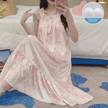 Летняя ночная рубашка из шелка Ice Silk с нагрудными подушечками, милый и свободный фасон, идеально подходит для домашнего ношения. Large