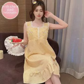 Летняя ночная рубашка с вафельным принтом и подкладкой на груди — средней длины, легкая и свободная, подходит для ношения дома и на улице. Large