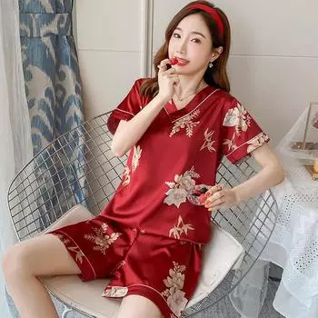 Летняя ночная рубашка, тонкая пижамный комплект из искусственного шелка с короткими рукавами и v-образным вырезом, корейский милый костюм-двойка, одежда для дома, одежда для сна M светло-синий