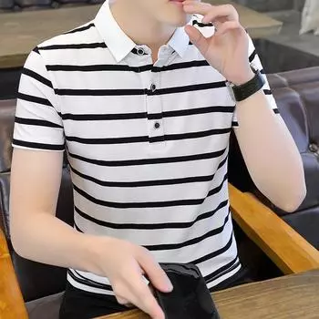 Летняя новая экологически чистая хлопковая полосатая рубашка-поло с короткими рукавами M