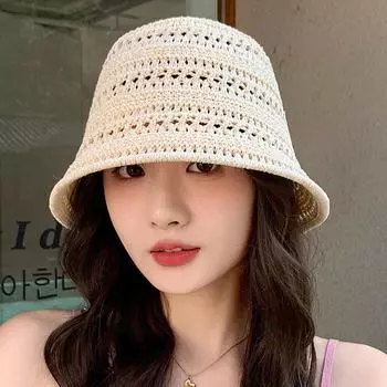 Летняя новая ажурная вязаная солнцезащитная и солнцезащитная шляпа для женщин, универсальная, маленькая, свежая, модная шляпа-горшок бежевый