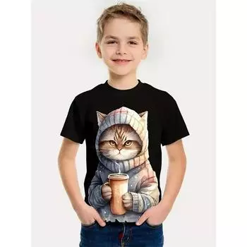 Летняя новая детская одежда с мультяшным котом 2025 года, футболка с принтом 3D-кота, детская одежда с коротким рукавом, детские модные футболки 100CM