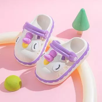 Летняя новая детская сумка с рисунком единорога, крутые тапочки для дома, домашняя мягкая подошва, нескользящая обувь с отверстиями для женщин 24-25 белый