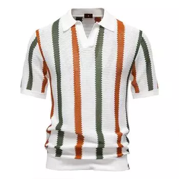 Летняя новая дышащая мужская рубашка поло с короткими рукавами и полосатым воротником 2025 года, трикотажная рубашка с короткими рукавами европейского размера S белый