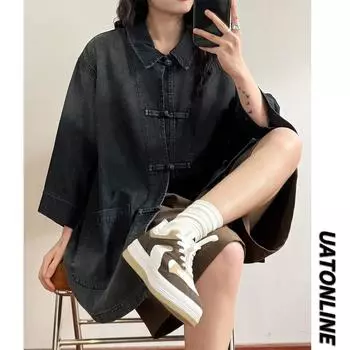 Летняя новая джинсовая куртка в китайском стиле в винтажном стиле для мужчин и женщин, свободный джинсовый топ с ретро-пуговицей M чёрный