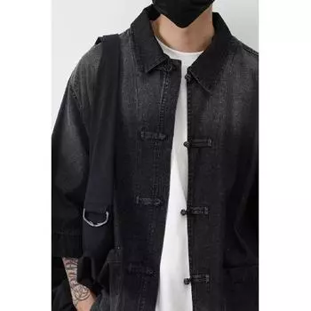 Летняя новая джинсовая куртка в китайском стиле в винтажном стиле для мужчин и женщин, свободный джинсовый топ с ретро-пуговицей M чёрный