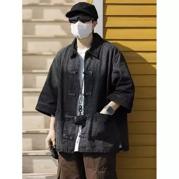 Летняя новая джинсовая куртка в китайском стиле в винтажном стиле для мужчин и женщин, свободный джинсовый топ с ретро-пуговицей M чёрный