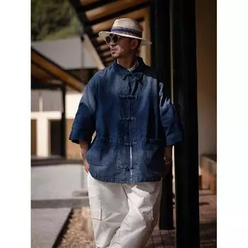 Летняя новая джинсовая куртка в китайском стиле в винтажном стиле для мужчин и женщин, свободный джинсовый топ с ретро-пуговицей M чёрный