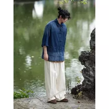 Летняя новая джинсовая куртка в китайском стиле в винтажном стиле для мужчин и женщин, свободный джинсовый топ с ретро-пуговицей M чёрный